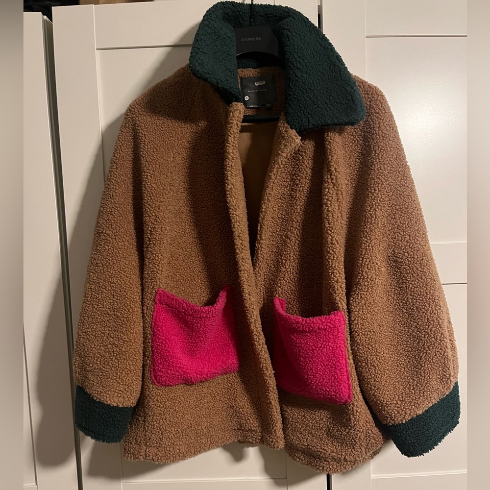 Anthropologie Teddy Coat in Brown with Pink Pockets & Dark Green Trim